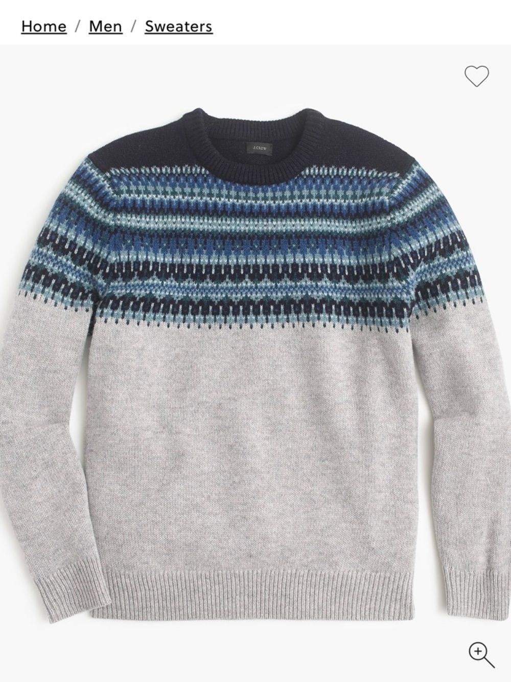 J. Crew Factory Gray Crewneck Lambswool Sweater with Blue Fair Isle Yoke